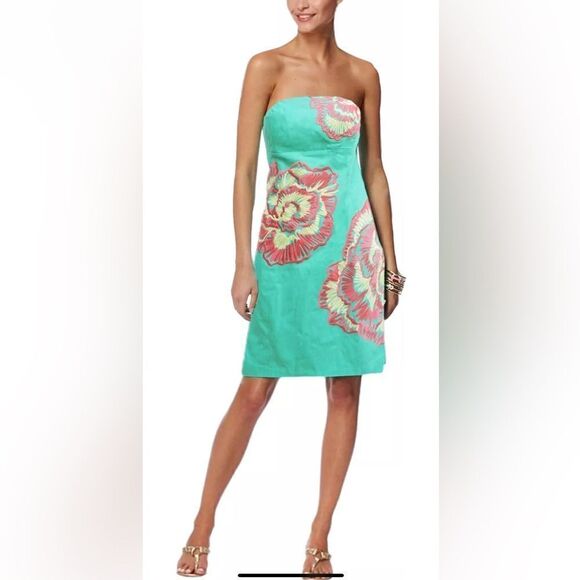 Lilly Pulitzer Bowen Lagoon Green Comb Get It Embroidered Strapless Dress Sz 2 - Picture 1 of 15
